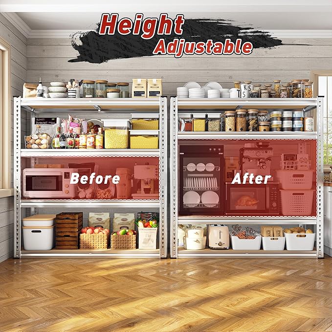 REIBII 40" W Garage Shelving 2000LBS Storage Shelves Adjustable Metal Shelving 4 Tier Pantry Shelves for Garage Closet Kitchen Basement 40" W x 19.7''D x 60''H, Silver