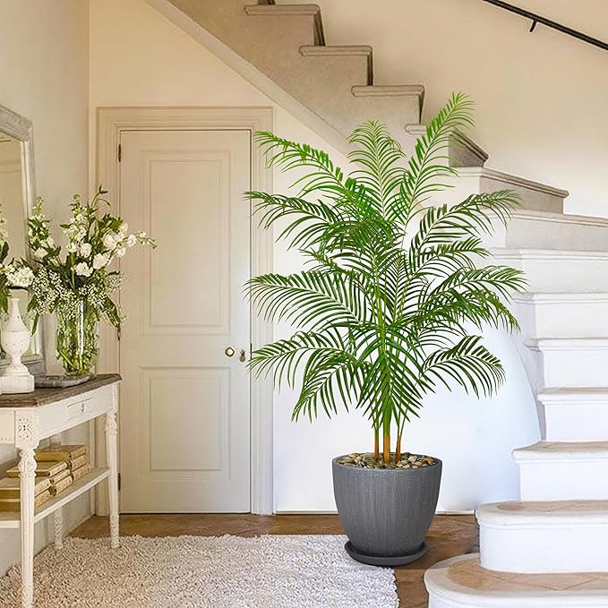 Artificial Palm Tree 7FT Artificia Plants Indoor Fake Trees Tropical Fake Plam Tree Floor Plant in White Pot with 18 Trunks & Real Bark Design Faux Palm Plant for Outdoor Home Room Decor