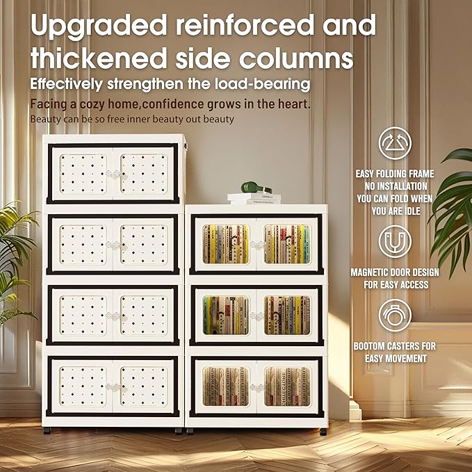 Lockable Storage Bins with Lids, Folding Storage box with Doors and Wheels, Collapsible Plastic Storage Bins for Closets, Stackable Storage Organizer, Storage Containers (Printed, 4-Tier)