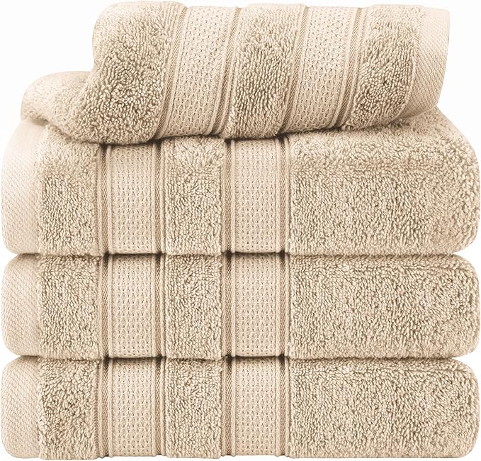 American Soft Linen Salem 100% Cotton Turkish 4 Piece Hand Towels for Bathroom, 600 GSM Soft Absorbent Quickdry Hand Face Towel Set, Beige