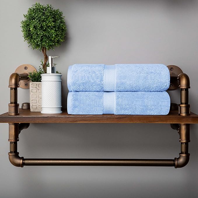 BLUENILEMILLS BNM Egyptian Cotton 2-Piece Towel Set, Includes 2 Bath Towels, Attached Loop for Easy Hanging and Storage, Hotel Quality, Perfect for Bathroom, Gym, Shower Space, or Spa, Light Blue