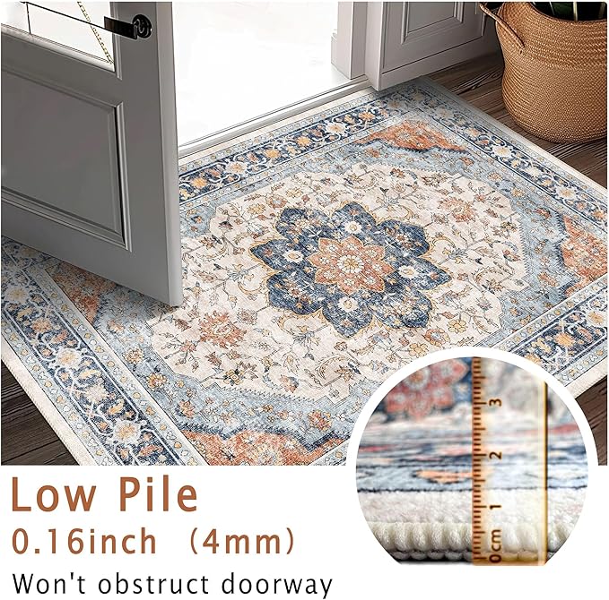 vivorug 6x9 Area Rugs, Ultra-Soft Washable Boho Rug for Living Room Dinner Room Bedroom, Non-Slip Vintage Floral Indoor Carpet Large Area Rug Orange/Navy