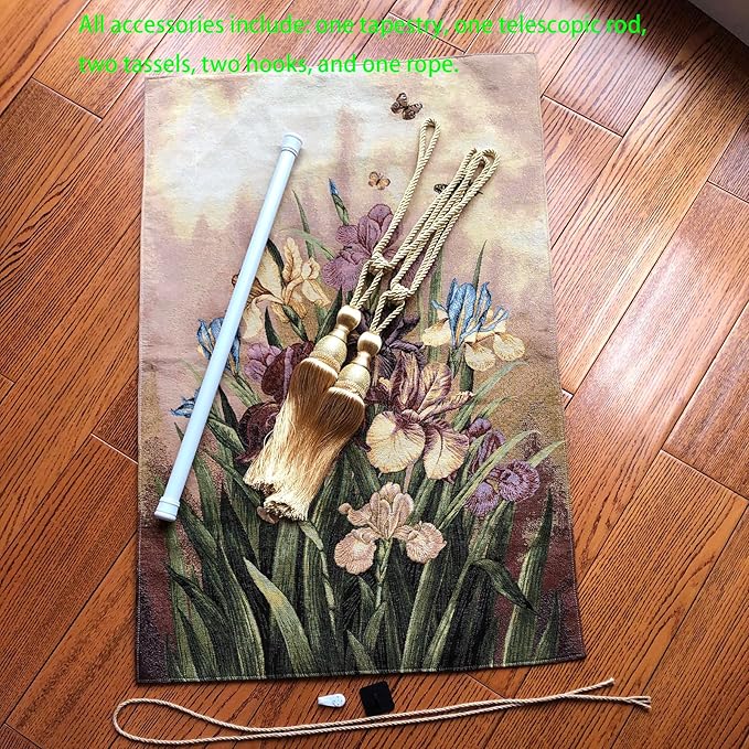 AureoMadis Vintage Floral Tapestry Wall Hanging Set with Telescopic Rod & Tassels - Jacquard Woven Fabric Aesthetic Flower Wall Tapestries for Bedroom/Living Room Decor Spring Botanical Art (27"x42")