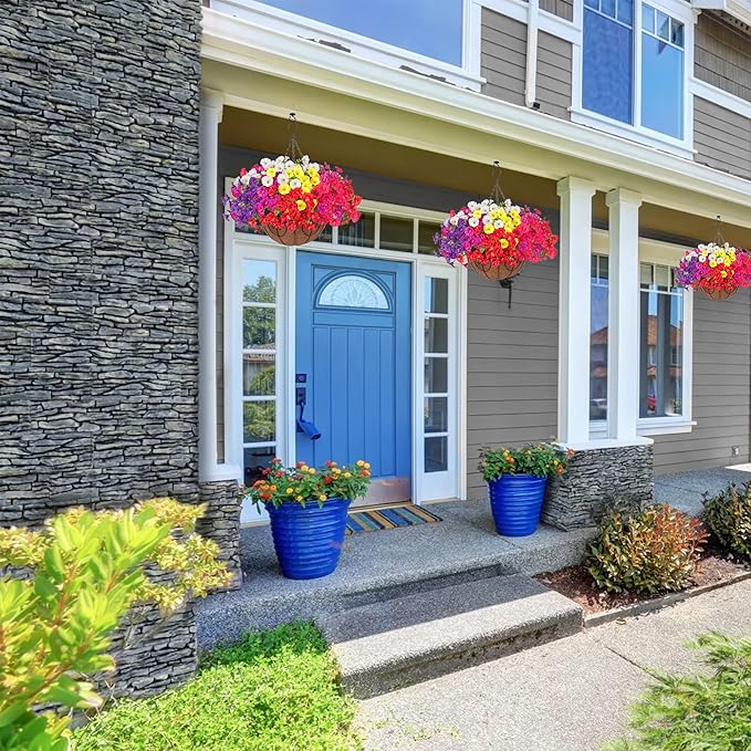 Artificial Fake Hanging Flowers Baskets for Outdoors, Faux Plants Silk Morning Glory in Planter Look Real UV Resistant Outdoor Flower for Outside Porch Patio Balcony Garden Yard Home Decor