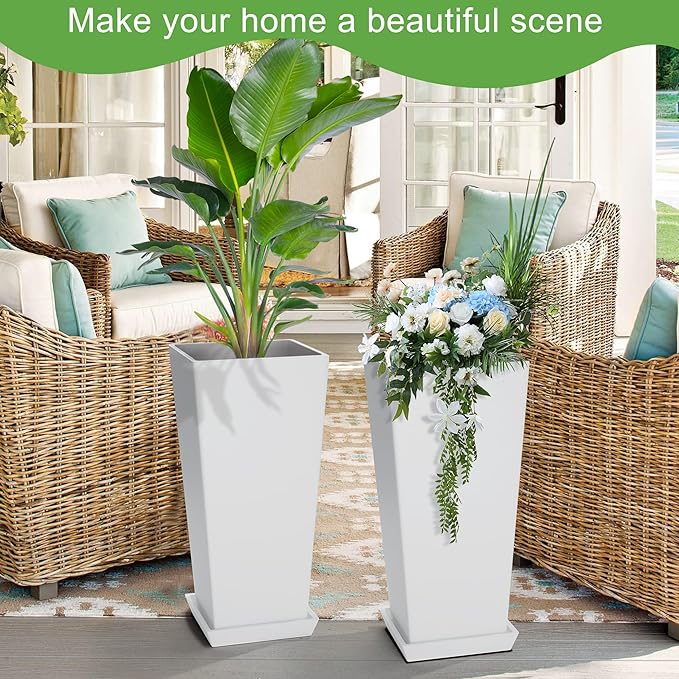 Elevens Set of 2 Tall Outdoor Planters 24 Inch, Large Planters for Indoor Outdoor Plants, Tapered Square Flower Pots with Tray for Patio,White
