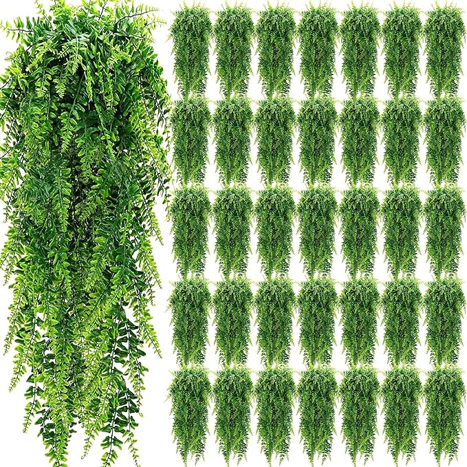 Geosar 42 Pcs Artificial Hanging Plants 32 Inch Hanging Boston Ferns Plastic Fake Plants for Wall Room Garden Wedding Garland Indoor Outdoor Decoration, No Basket