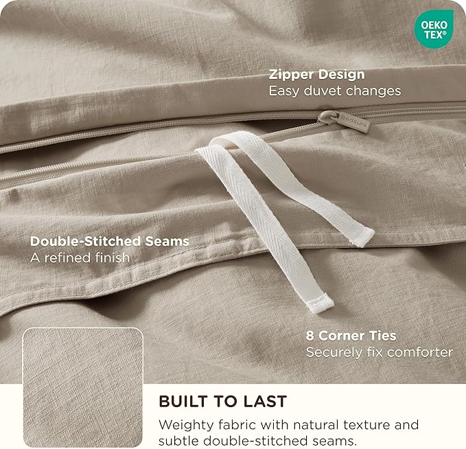 Bedsure Cotton Duvet Cover King - Luxury Slub Weave 100% Cotton Duvet Cover Set with a Linen Like Textured, Easy Change Durable Bedding Set 3 Pieces, Tannish Linen Grey, 104" x 90"