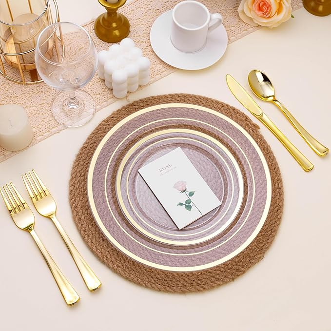 100PCS Clear Plastic Plates for Party, 7 Inch Heavy Duty Dinner Plates with Gold Rim, Disposable Plates for Wedding and Birthday
