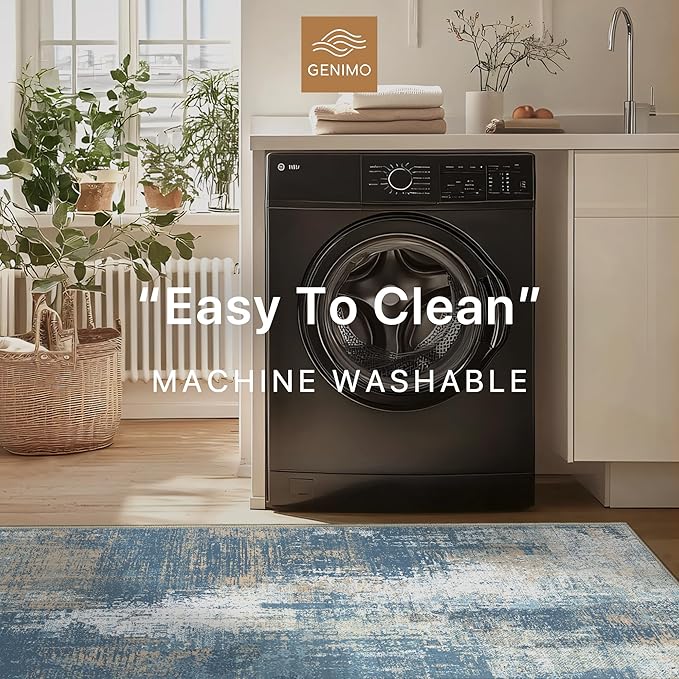 GENIMO Washable Area Rugs for Living Room Bedroom, 8x10 Modern Abstract Non Slip Rug, Low Pile Soft Contemporary Indoor Floor Carpet Cover for Dining Room Kitchen, Mist Blue