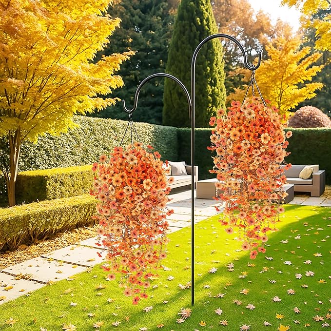2PCS Fall Artificial Hanging Flowers Plants for Outdoors, 2Pcs Faux Silk Flowers with Eucalyptus Leaves, Fake Fall Flowers for Autumn Home Patio Porch Outside Decor (Orange Yellow)