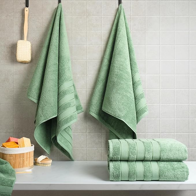 American Soft Linen Salem 100% Cotton Turkish 4 Piece Bath Towels for Bathroom, 600 GSM Soft Absorbent Quick Dry Bath Towel Set, Sage Green