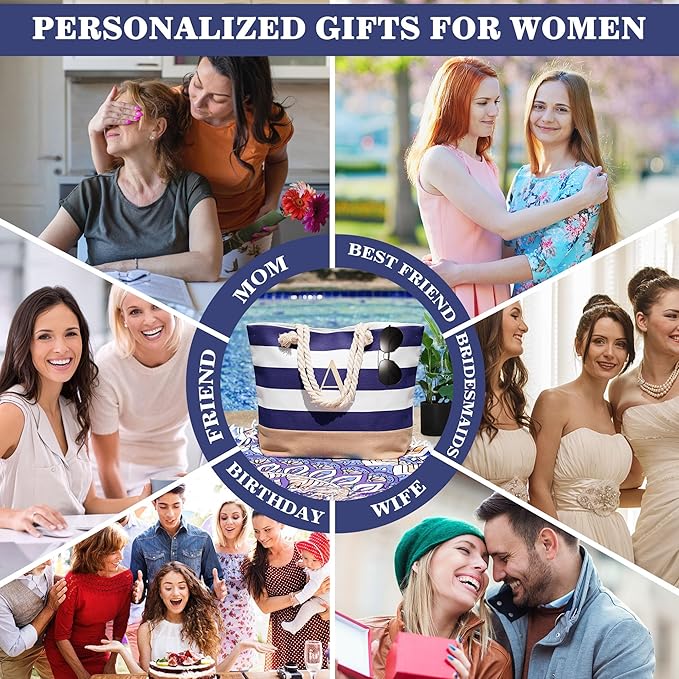 YOOLIFE Initial Canvas Waterproof Beach Tote Bag Zipper Personalized Gifts for Women Her Birthday Travel Beach Essential