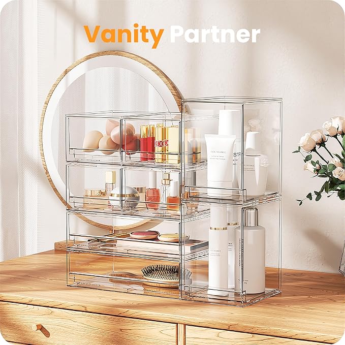 A-LuGei 【𝟰𝗣𝗖𝗦】 Acrylic Stackable Storage Drawers, 8.7" H Makeup Organizer, Bathroom Organizer and Storage, Plastic Storage Bins for Kitchen Cabinet Pantry Medicine Fridge