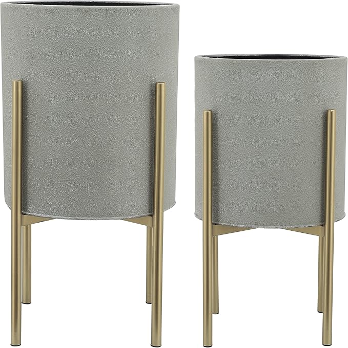 Sagebrook Home Set of 2 Modern Iron Planters with Stands, Gray and Gold, 23" & 19"