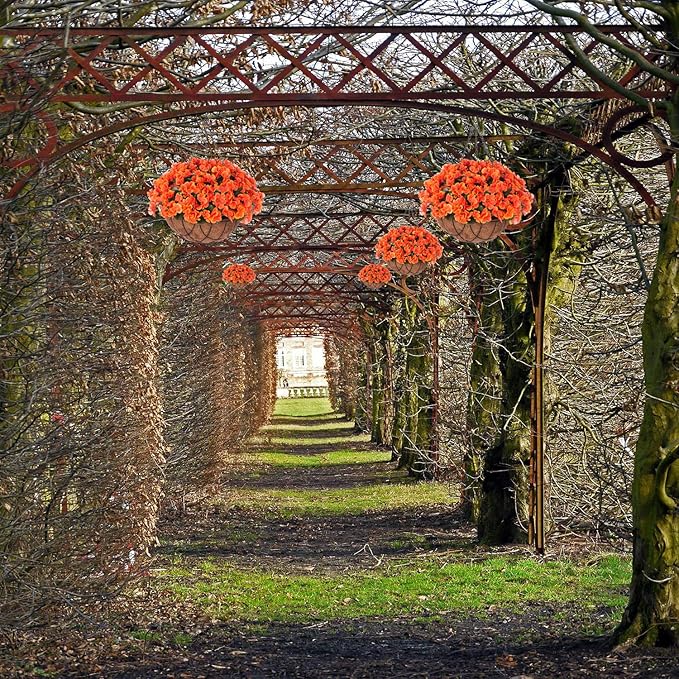 Fall Artificial Flowers with Hanging Basket for Outdoor Indoor, 4 Branches Fake Hydrangea Flowers in Coconut Lining Hanging Basket Home Courtyard Spring Summer Decor(Orange)