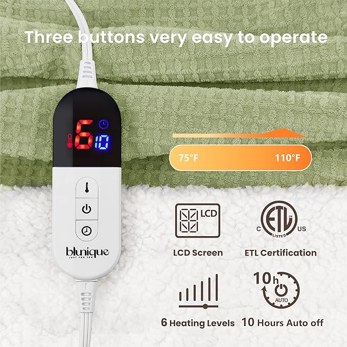 Heated Blanket Electric Blanket Full Waffle,72x84 Inches Sherpa Fleece Fast Heating Blanket 6 Heating Levels & 10 Hours Auto Off ETL Certification,Sage Full