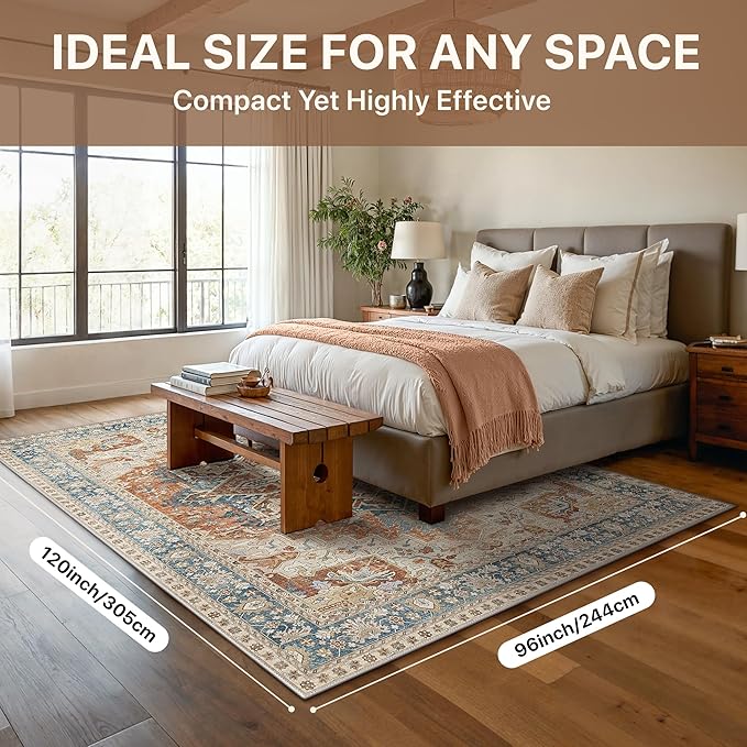 GENIMO 8X10 Area Rugs for Living Room, Machine Washable Vintage Floor Cover Foldable Modern Non Slip Rug, Low Pile Soft Indoor Carpet Floral Print Mat Rug,Bedroom/Dining Room/Home Office,Terracotta