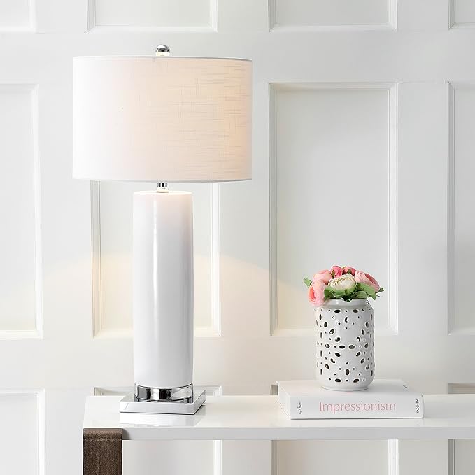 JONATHAN Y JYL8021A Dallas 31.5" Ceramic LED Table Lamp Contemporary Transitional Bedside Desk Nightstand Lamp for Bedroom Living Room Office College Bookcase LED Bulb Included, White/Chrome
