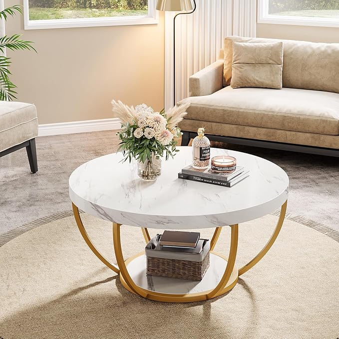 Tribesigns Modern Round Coffee Table, 2 Tier Coffee Table with Faux White Marble and Golden Metal Legs, Circle Center Table Tea Table Accent Furniture for Living Room, White and Gold