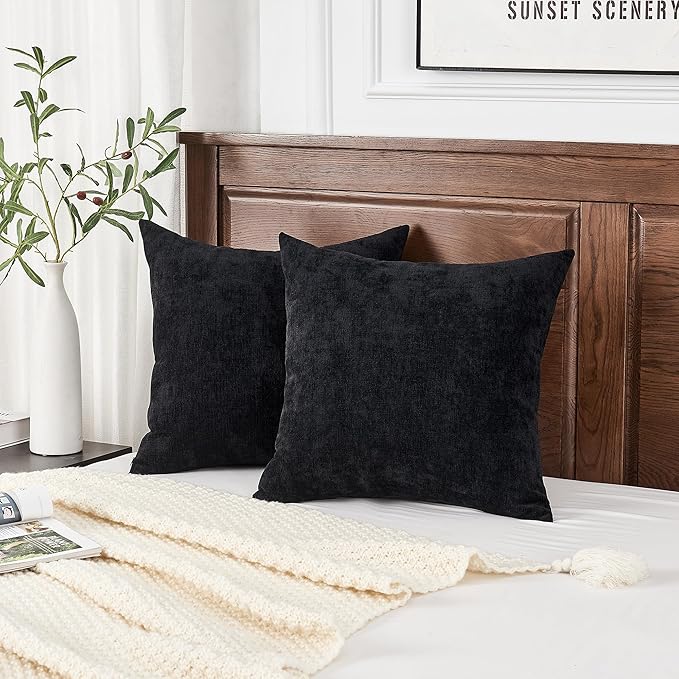 GAWAMAY Decorative Square Throw Pillow Covers 22"x22" Inch Set of 2, Super Soft Chenille Pillows Farmhouse Fall Pillowcase for Living Room Bedroom Sofa Couch Cushion Cover Black 55x55cm (No Insert)