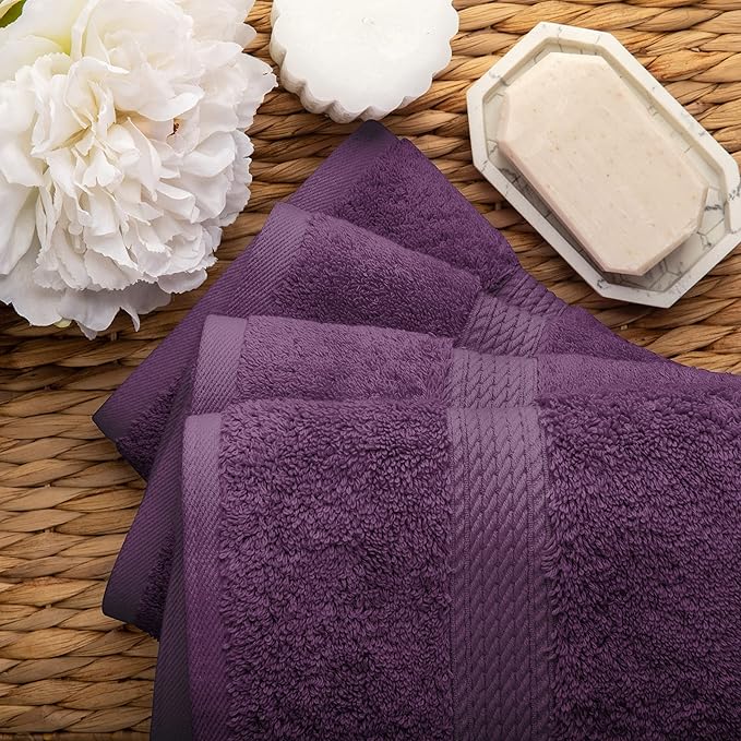 BLUENILEMILLS BNM Egyptian Cotton 4-Piece Towel Set, Includes 4 Hand Towels, Attached Loop for Easy Hanging and Storage, Hotel Quality, Perfect for Bathroom, Gym, Shower Space, or Spa, Plum