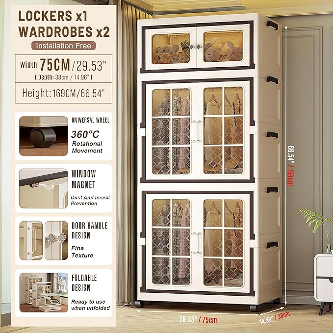 SunSettler Plastic Storage Bins with Lid, Stackable Containers with Wheels, Folding Storage Cabinets, Stackable Closet Organizers (1+2 Transparent Plus)