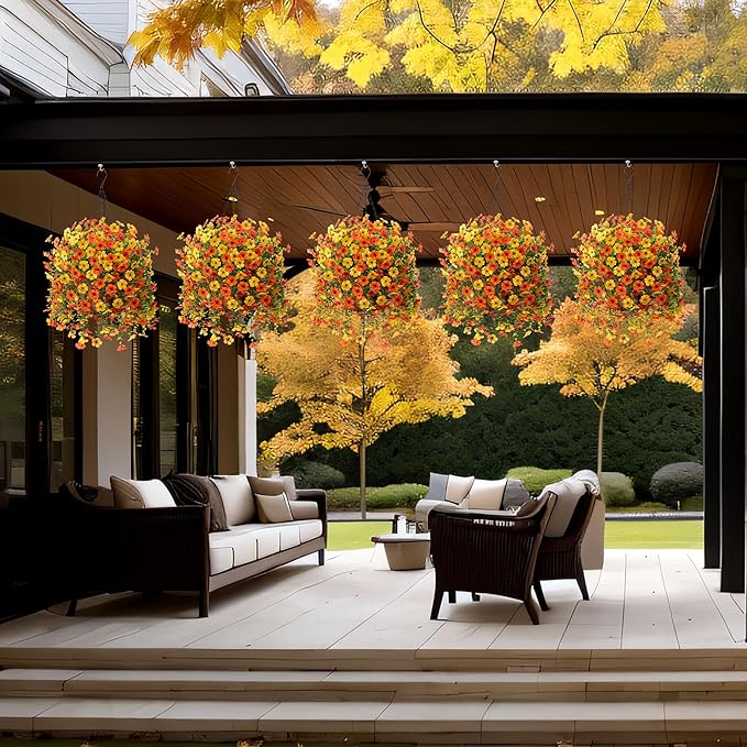 Artificial Fake Fall Hanging Flowers Plants with Basket for Outdoor Decor, Fake Mums Autumn Plants No Fade Plastic Faux Silk Daisy Flowers Fall Decoration for Outside Garden Porch Patio(Yellow Orange)