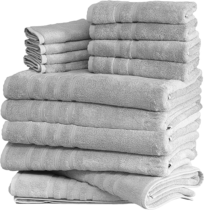 Mosobam Luxury Turkish 14pc XL Deluxe Bath Bundle Body Hand Face Towel and Mat Light Grey (Gray) 700 GSM & 1000 GSM Bamboo Viscose & Aegean Turkish Combed Cotton