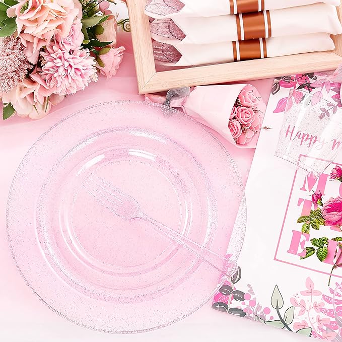 DaYammi 350PCS Rose Gold Glitter Dinnerware Set 50 Guest for Party- 50 Pink Plastic Dinner Plates, 50 Dessert Plates- 50 Per Rolled Napkins with Rose Gold Glitter Cutlery - 50 Cups 9 OZ