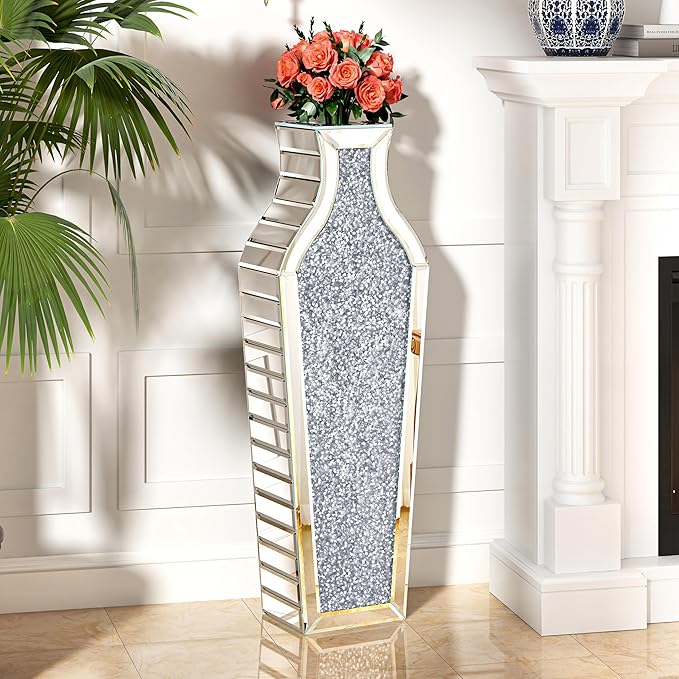 27" Tall Floor Crystal Vase Crushed Diamond Floor Vase Large Silver Vases for Decor Living Room Big Glass vases
