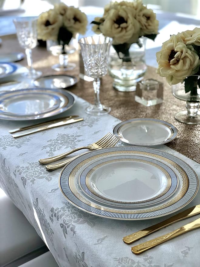 " OCCASIONS " 50 Plates Pack (25 Guests)-Heavyweight Wedding Party Disposable Plastic Plate Set -25 x 10.5'' Dinner + 25 x 7.5'' Salad/dessert plates (Louvre in White w/Blue & Gold)
