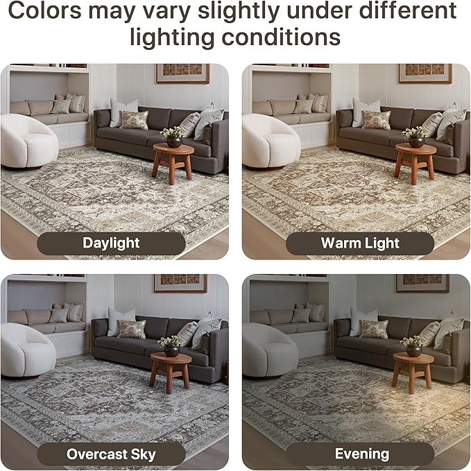 GENIMO 5X7 Area Rugs for Living Room, Machine Washable Vintage Floor Cover Foldable Modern Non Slip Rug, Low Pile Soft Indoor Carpet Floral Print Mat Rug,Bedroom/Dining Room/Home Office,Taupe