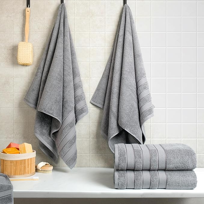 American Soft Linen Salem 100% Cotton Turkish 4 Piece Bath Towels for Bathroom, 600 GSM Soft Absorbent Quick Dry Bath Towel Set, Light Cool Grey