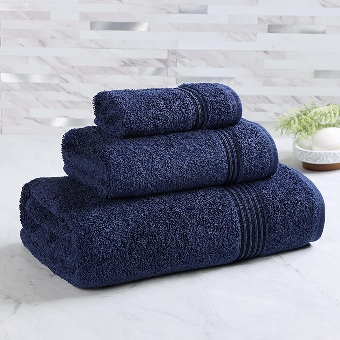 Superior Egyptian Cotton 3-Piece Towel Set, Assorted Towels for Home Bathroom, Master, Guest Bath, Decor Essentials, Includes 1 Bath, 1 Hand, 1 Face Towel/Washcloth, Quick Dry, Absorbent, Navy Blue