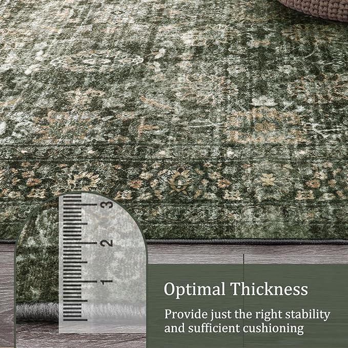 Morebes Vintage Large Rugs for Living Room, Washable 8x10 Area Rugs Non Slip,Soft Dark Green Rug for Bedroom,Distressed Non-Shedding Throw Rug for Entryway Kitchen Foyer Playroom