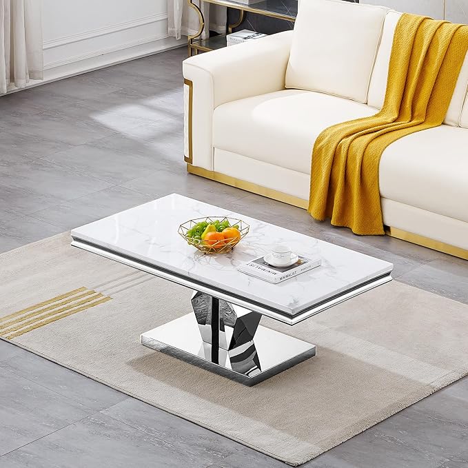 SSLine Rectangular Faux Marble Coffee Table for Living Room Modern Luxury White Marble Center Table with Silver Pedestal Base 46.8" Mid-Century Cocktail Table with Mirrored Stainless Steel Frame