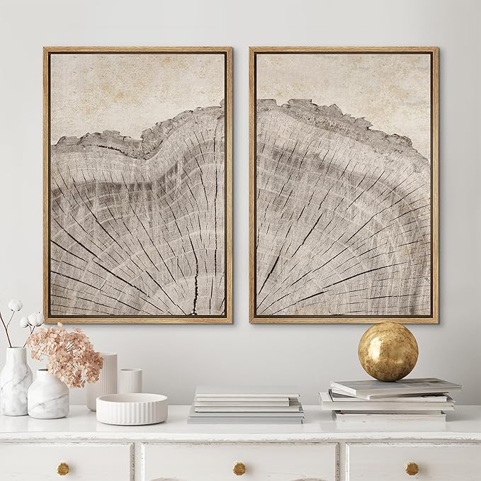MUDECOR Framed Canvas Print Wall Art Oak Wood Tree Rings Nature Illustration Modern Art Decorative Multicolor Geometric Minimal for Bedroom - 16"x24"x2 Natural
