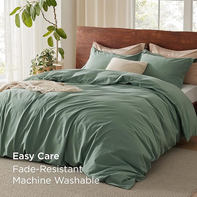 Bedsure 100% Washed Cotton Duvet Cover Queen Size - Green Minimalist Cotton Duvet Cover Linen Like for All Seasons - GentleSoft™ Plain Simple Bedding, 3 Pieces (Green, Queen, 90"x90")