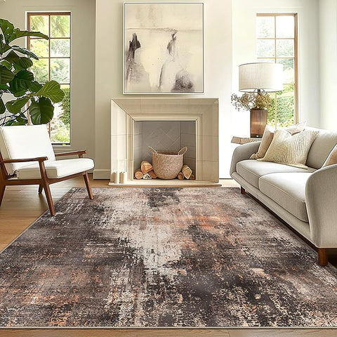 GENIMO Washable Area Rugs for Living Room Bedroom, 10x12 Modern Abstract Non Slip Rug, Low Pile Soft Contemporary Indoor Floor Carpet Cover for Dining Room Kitchen, Brown