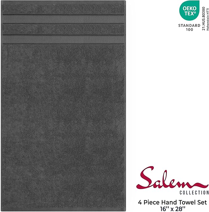 American Soft Linen Salem 100% Cotton Turkish 4 Piece Hand Towels for Bathroom, 600 GSM Soft Absorbent Quickdry Hand Face Towel Set, Dark Gray