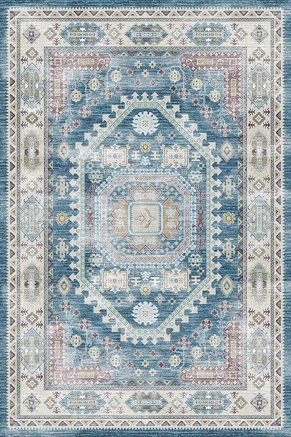 vivorug Blue 5x7 Area Rugs - Ultra-Thin Washable Rug with Non-Slip Backing, Ideal for Living Room, Bedroom, Dining Room Indoor - Vintage, Easy Clean, Durable, Low Pile Rug