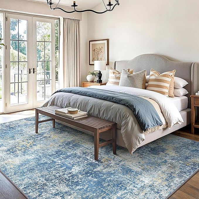 GENIMO Washable Area Rugs for Living Room Bedroom, 8X10 Modern Abstract Non Slip Rug, Low Pile Soft Contemporary Indoor Floor Carpet Cover for Dinning Room Kitchen, Denim Blue