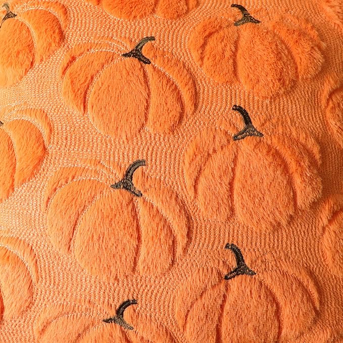 4TH Emotion Fall Pumpkins Decorative Pillow Covers 18x18 Set of 2, Orange Soft Plush Faux Fur Wool Farmhouse Throw Cushion Cases for Autumn Thanksgiving Holiday Home Decorations