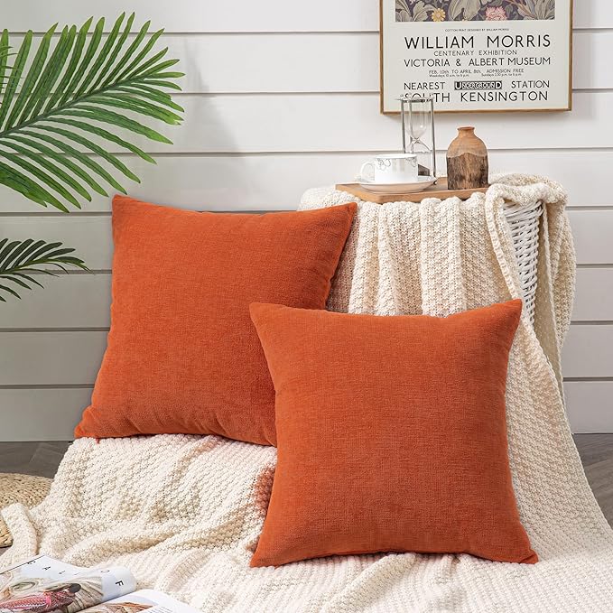 GAWAMAY Decorative Square Throw Pillow Covers 22"x22" Inch Set of 2, Super Soft Chenille Pillows Farmhouse Fall Pillowcase for Living Room Bedroom Sofa Couch Cushion Cover Burnt Orange 55x55cm