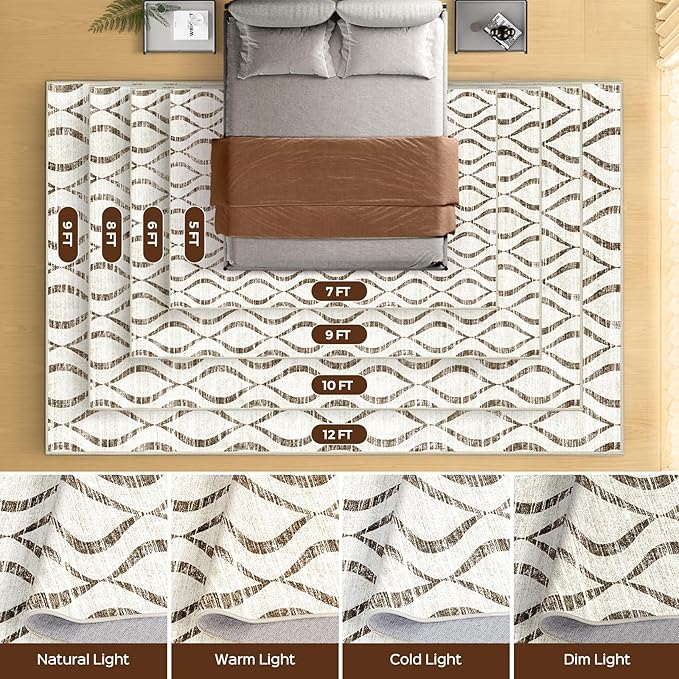 WITSHOCK 8x10 Area Rugs for Bedroom: Washable Non-Slip Soft Geometric Boho Low Pile Large Thin Indoor Rug for Living Room Dining Room, Carpet for Nursery Playroom Decor, Kid & Pet Friendly, Brown