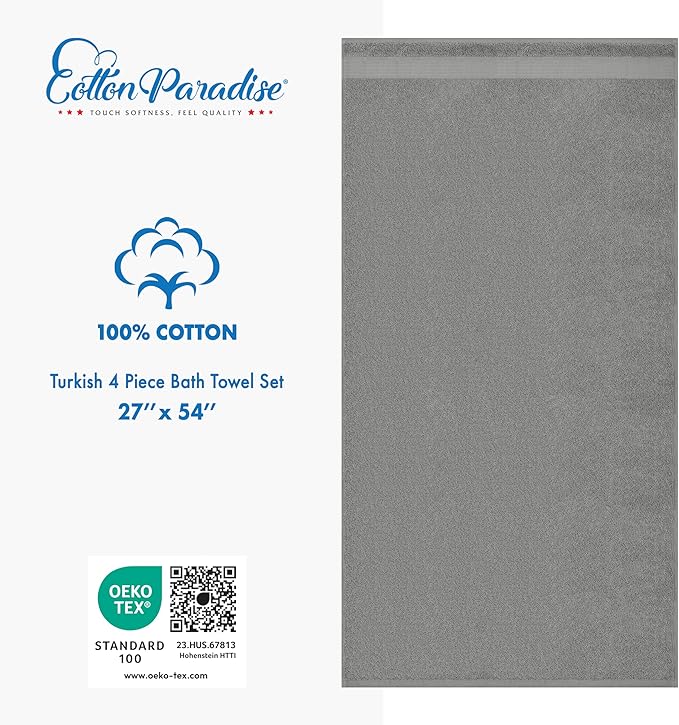 Cotton Paradise 4 Piece Turkish Bath Towels for Bathroom, 100% Cotton Extra Large Soft Plush Towels Bathroom Set, Light Gray