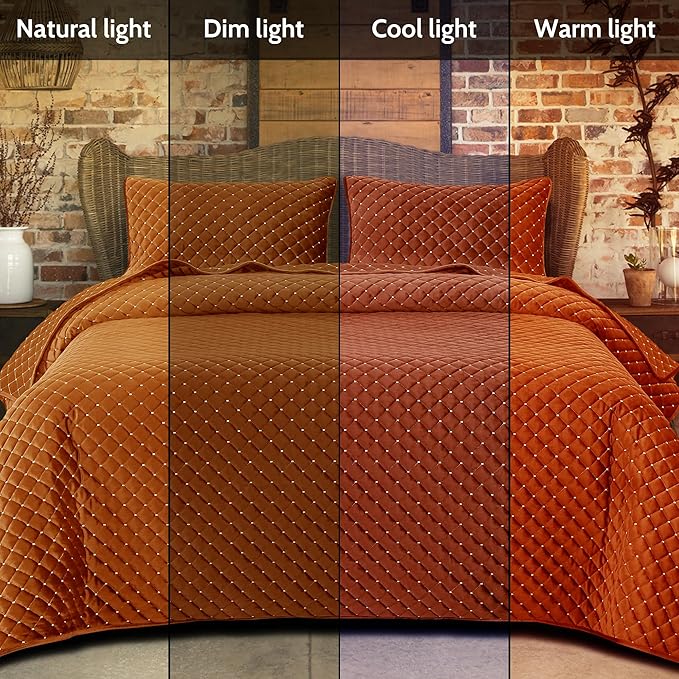 Reversible Velvet Quilt Twin Size, Luxurious Bedspread Quilted Bedding Set, Cozy Soft Coverlet Set Lightweight Comforter with Pillow Shams, Orange