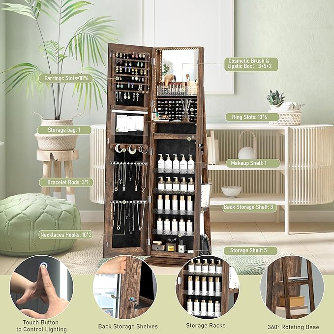 LED Mirror Jewelry Cabinet Standing, Jewelry Armoire with Full-Length Mirror, 360° Swivel Jewelry Cabinet with Adjustable LED Lights, Rustic Brown