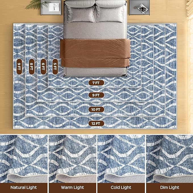 WITSHOCK 9x12 Area Rugs: Washable Non-Slip Soft Geometric Boho Print Pattern Large Thin Indoor Rug for Living Room Bedroom Dining Room, Carpet for Nursery Playroom Decor, Kid & Pet Friendly, Blue