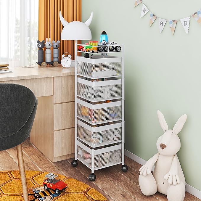 Fruit Basket for Kitchen No Assembly,Rotating Kitchen Storage Rack,Bathroom Shelf, Organizers and Storage Cart on Rolling Wheels，Potato and Onion Storage Organizer(White, 5 Tier-Square)